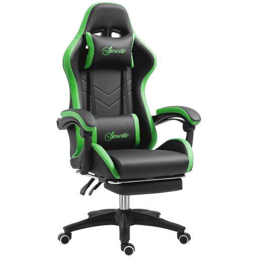 Silla Gaming de Cuero Sintético Reclinable 135° Reposacabezas y Reposapiés 65x65x121-129cm Negro y Verde [6]