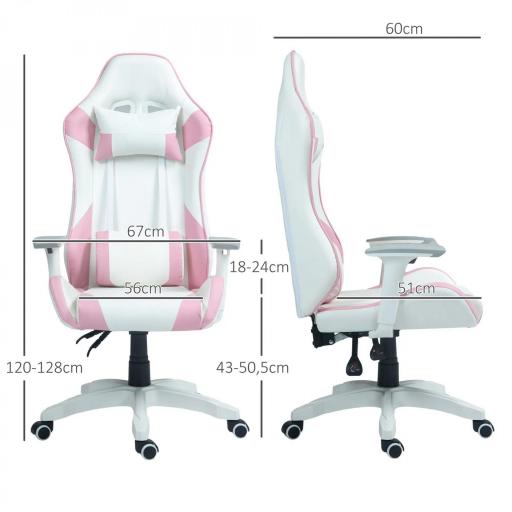 Silla Gamer con Cojín Lumbar Reposabrazos Ajustable Reposacabezas Extraíble y Altura Ajustable 67x60x120-128 cm Rosa [1]