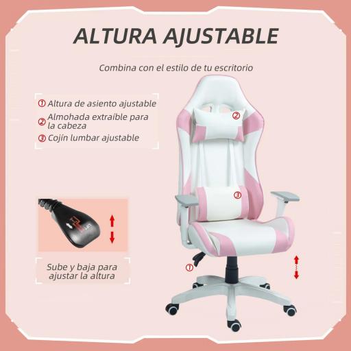Silla Gamer con Cojín Lumbar Reposabrazos Ajustable Reposacabezas Extraíble y Altura Ajustable 67x60x120-128 cm Rosa [3]