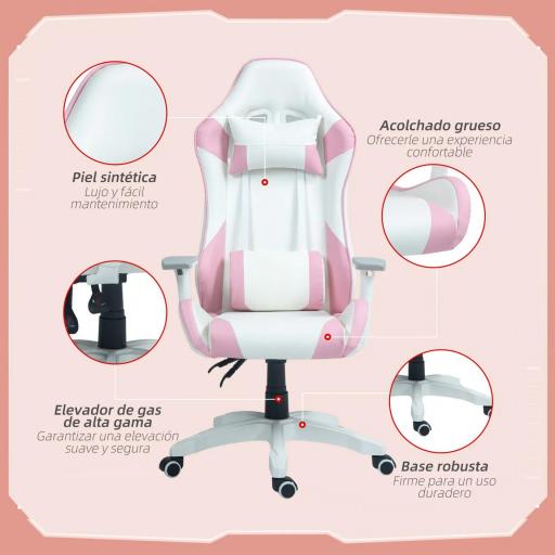 Silla Gamer con Cojín Lumbar Reposabrazos Ajustable Reposacabezas Extraíble y Altura Ajustable 67x60x120-128 cm Rosa [5]