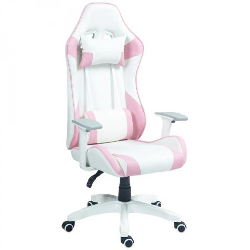 Silla Gamer con Cojín Lumbar Reposabrazos Ajustable Reposacabezas Extraíble y Altura Ajustable 67x60x120-128 cm Rosa [10]