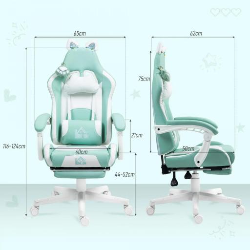 Silla Gamer Reclinable con Altura Ajustable Reposapiés Retráctil Soporte Lumbar y Reposacabezas Desmontable Verde Menta [2]