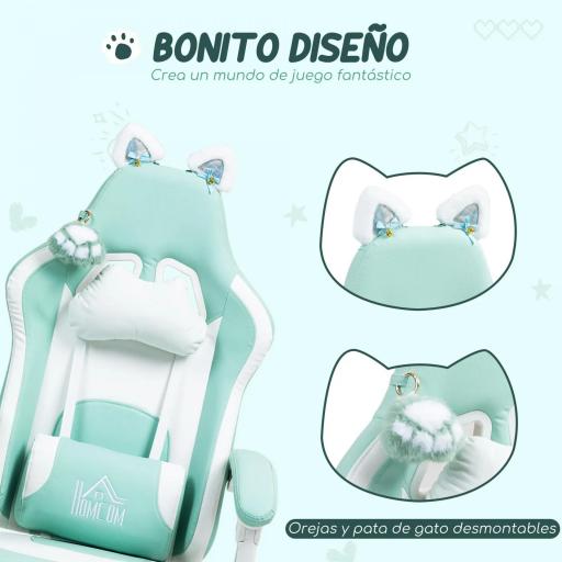 Silla Gamer Reclinable con Altura Ajustable Reposapiés Retráctil Soporte Lumbar y Reposacabezas Desmontable Verde Menta [3]