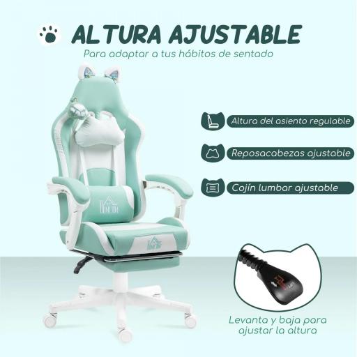 Silla Gamer Reclinable con Altura Ajustable Reposapiés Retráctil Soporte Lumbar y Reposacabezas Desmontable Verde Menta [4]