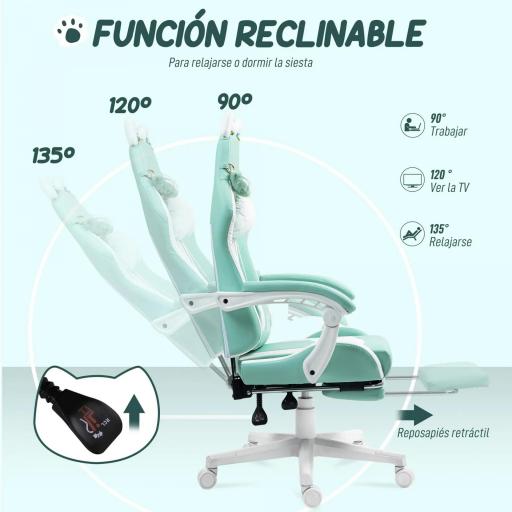 Silla Gamer Reclinable con Altura Ajustable Reposapiés Retráctil Soporte Lumbar y Reposacabezas Desmontable Verde Menta [5]