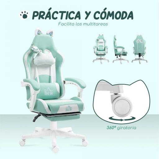 Silla Gamer Reclinable con Altura Ajustable Reposapiés Retráctil Soporte Lumbar y Reposacabezas Desmontable Verde Menta [1]