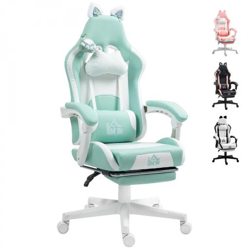 Silla Gamer Reclinable con Altura Ajustable Reposapiés Retráctil Soporte Lumbar y Reposacabezas Desmontable Verde Menta [8]