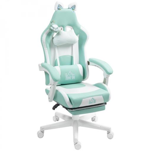 Silla Gamer Reclinable con Altura Ajustable Reposapiés Retráctil Soporte Lumbar y Reposacabezas Desmontable Verde Menta [7]