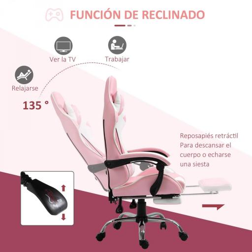 Silla Gamer Reclinable con Reposapiés Sillón Gaming con Reposacabezas Cojín Lumbar y Altura Ajustable 64x67x127 cm Rosa [3]