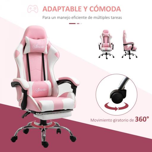 Silla Gamer Reclinable con Reposapiés Sillón Gaming con Reposacabezas Cojín Lumbar y Altura Ajustable 64x67x127 cm Rosa [5]