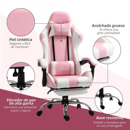 Silla Gamer Reclinable con Reposapiés Sillón Gaming con Reposacabezas Cojín Lumbar y Altura Ajustable 64x67x127 cm Rosa [1]