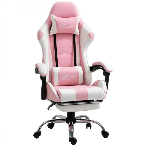 Silla Gamer Reclinable con Reposapiés Sillón Gaming con Reposacabezas Cojín Lumbar y Altura Ajustable 64x67x127 cm Rosa [9]