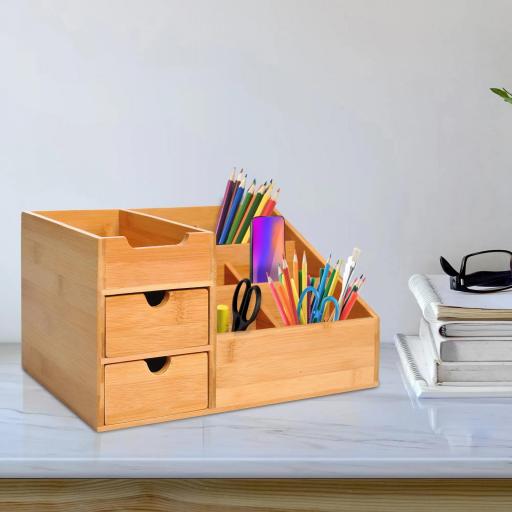 Organizador de Escritorio de Bambú Organizador de Mesa con 2 Cajones 6 Compartimentos y Estante para Oficina Hogar 33x20,5x15,5 cm Natural