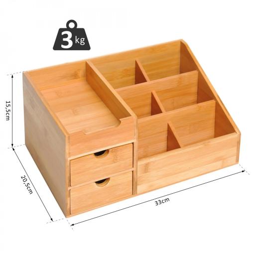 Organizador de Escritorio de Bambú Organizador de Mesa con 2 Cajones 6 Compartimentos y Estante para Oficina Hogar 33x20,5x15,5 cm Natural [1]