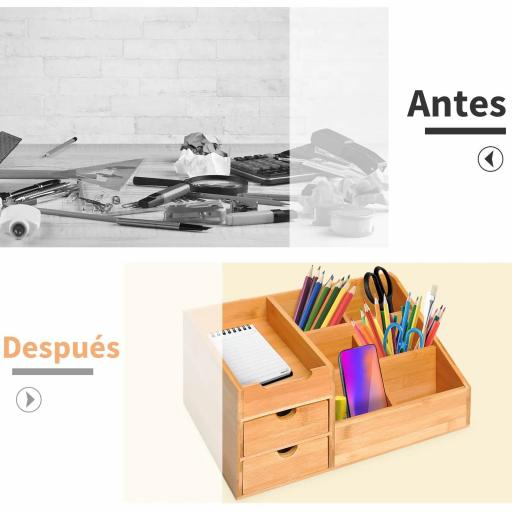 Organizador de Escritorio de Bambú Organizador de Mesa con 2 Cajones 6 Compartimentos y Estante para Oficina Hogar 33x20,5x15,5 cm Natural [2]