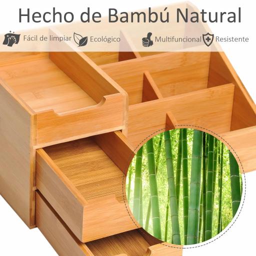Organizador de Escritorio de Bambú Organizador de Mesa con 2 Cajones 6 Compartimentos y Estante para Oficina Hogar 33x20,5x15,5 cm Natural [3]
