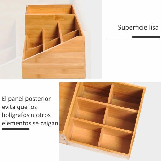 Organizador de Escritorio de Bambú Organizador de Mesa con 2 Cajones 6 Compartimentos y Estante para Oficina Hogar 33x20,5x15,5 cm Natural [4]