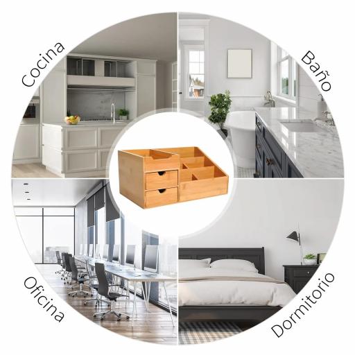 Organizador de Escritorio de Bambú Organizador de Mesa con 2 Cajones 6 Compartimentos y Estante para Oficina Hogar 33x20,5x15,5 cm Natural [5]