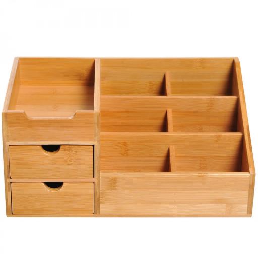 Organizador de Escritorio de Bambú Organizador de Mesa con 2 Cajones 6 Compartimentos y Estante para Oficina Hogar 33x20,5x15,5 cm Natural [7]