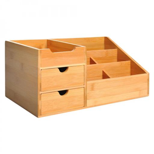 Organizador de Escritorio de Bambú Organizador de Mesa con 2 Cajones 6 Compartimentos y Estante para Oficina Hogar 33x20,5x15,5 cm Natural [9]