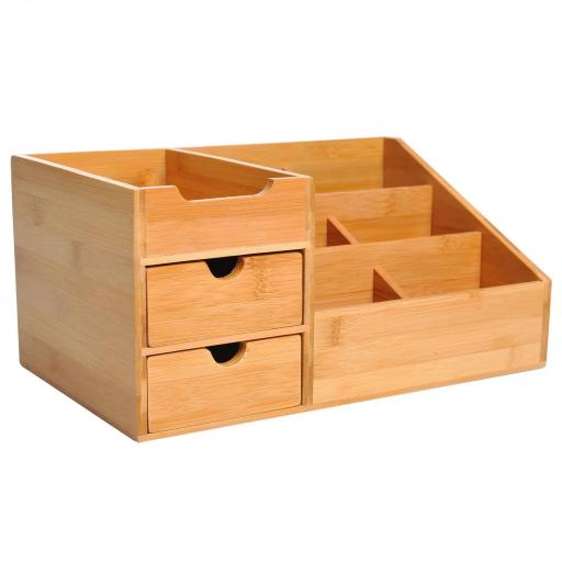 Organizador de Escritorio de Bambú Organizador de Mesa con 2 Cajones 6 Compartimentos y Estante para Oficina Hogar 33x20,5x15,5 cm Natural [8]