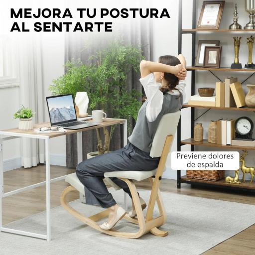 Silla Ergonómica de Rodillas con Respaldo Cojines Acolchados Marco de Madera para una Mejor Postura Oficina Crema [3]