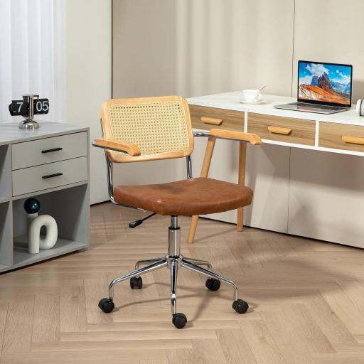 Silla de Escritorio Altura Ajustable con Función de Basculante y Respaldo de Ratán Sintético 60x55,5x82-90 cm Marrón