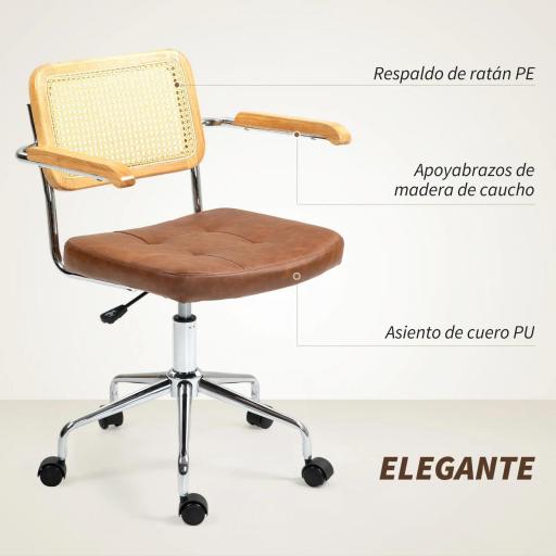 Silla de Escritorio Altura Ajustable con Función de Basculante y Respaldo de Ratán Sintético 60x55,5x82-90 cm Marrón [2]