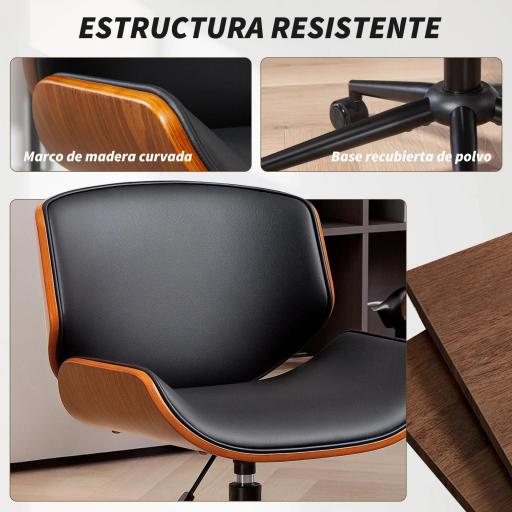 Silla de Escritorio sin Brazos Vintage Giratoria Tapizada en PU Madera Curvada Altura Ajustable Negro y Marrón [4]