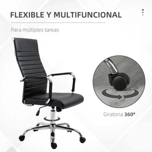 Silla de Escritorio Giratoria Silla de Oficina con Respaldo Alto Ruedas Giratorias Altura Ajustable Función Basculante y Reposabrazos Tapizado en Cuero Sintético Negro [2]