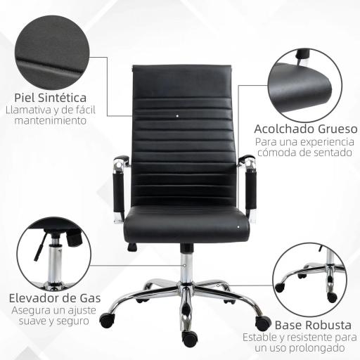 Silla de Escritorio Giratoria Silla de Oficina con Respaldo Alto Ruedas Giratorias Altura Ajustable Función Basculante y Reposabrazos Tapizado en Cuero Sintético Negro [4]