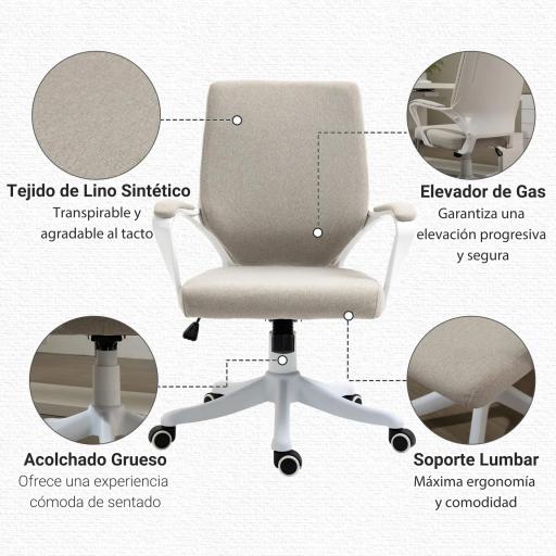Silla de Escritorio Giratoria Silla de Oficina Basculante con Reposabrazos y Altura Ajustable 62x69x92-100 cm Beige [5]
