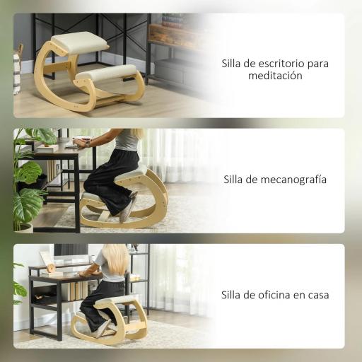 Silla Ergonómica de Rodillas Silla de Rodillas de Madera Taburete Ergonómico Cojín Acolchado 55x85x55 cm Crema [4]