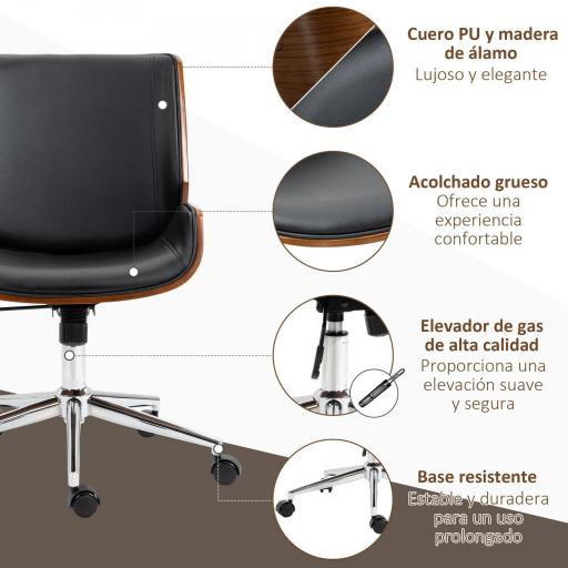 Silla de Oficina Giratoria de PU con Altura Ajustable Función de Inclinación y Ruedas 51x65,5x82-92 cm Negro [5]