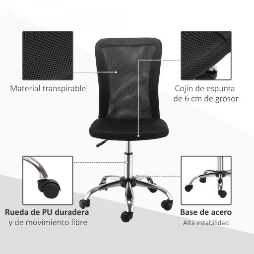 Silla de Escritorio Giratoria sin Brazos Silla de Malla con Altura Ajustable Carga 100 kg 43x58x90-100 cm Negro [2]
