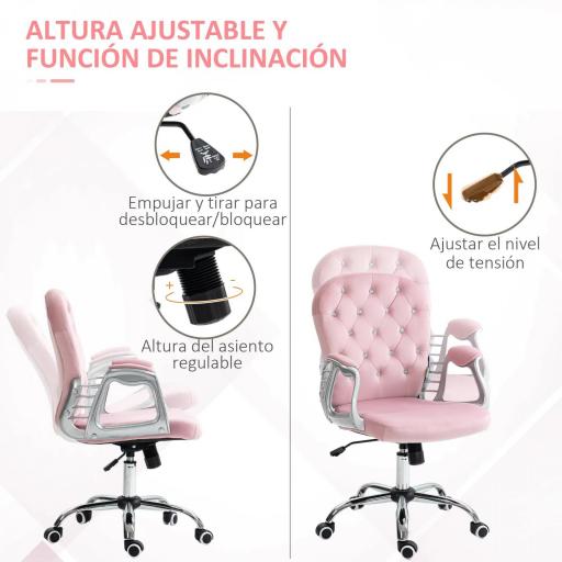 Silla de Escritorio de Terciopelo con Altura Ajustable Reposabrazos y Decoraciones de Diamantes 59,5x60,5x93-103 cm Rosa [4]