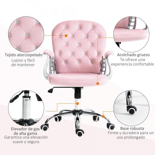 Silla de Escritorio de Terciopelo con Altura Ajustable Reposabrazos y Decoraciones de Diamantes 59,5x60,5x93-103 cm Rosa [5]