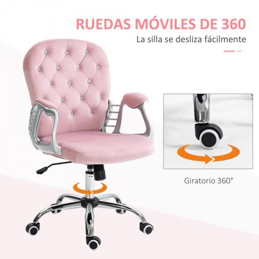 Silla de Escritorio de Terciopelo con Altura Ajustable Reposabrazos y Decoraciones de Diamantes 59,5x60,5x93-103 cm Rosa [2]