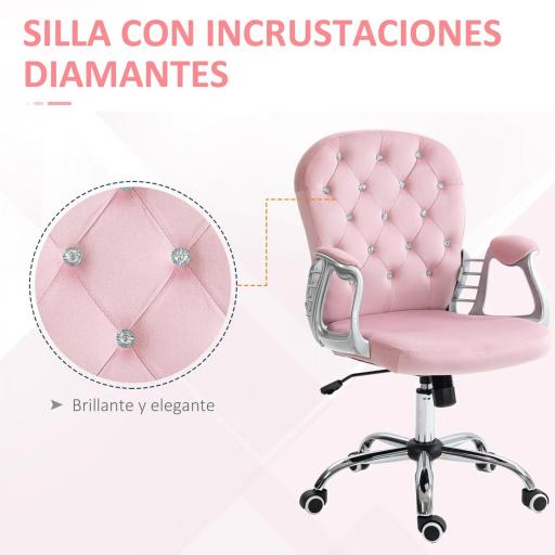 Silla de Escritorio de Terciopelo con Altura Ajustable Reposabrazos y Decoraciones de Diamantes 59,5x60,5x93-103 cm Rosa [3]