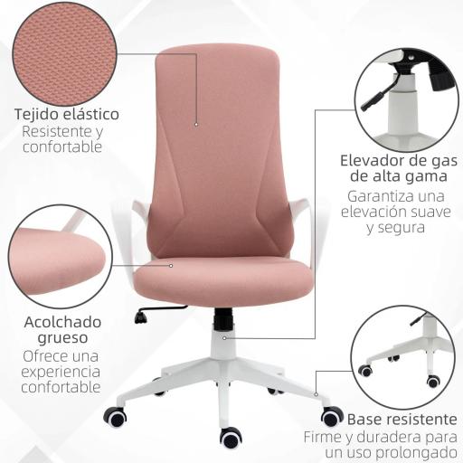 Silla de Oficina Giratoria Altura Ajustable con Reposabrazos Función de Basculante Respaldo Alto 62x56x110-119,5cm Rosa [6]