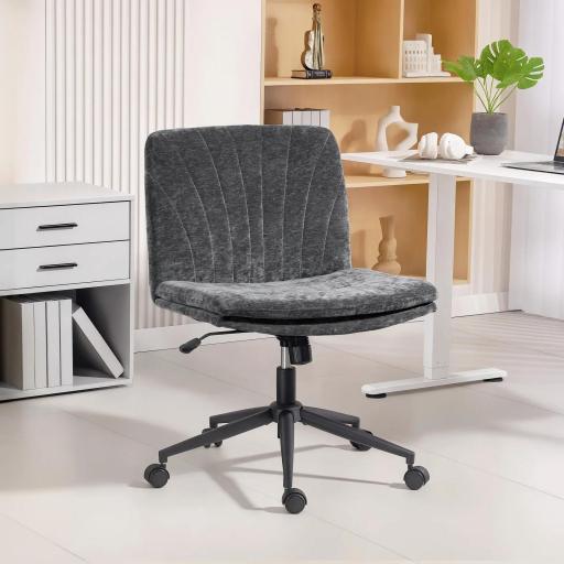 Silla de Oficina con Asiento Ancho sin Reposabrazos Ruedas Altura Ajustable Giratoria Función Basculante Gris