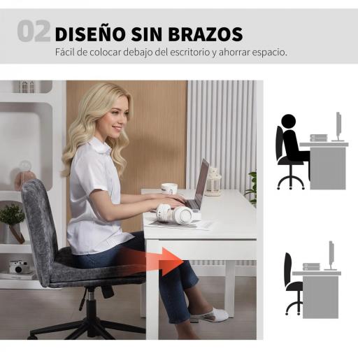 Silla de Oficina con Asiento Ancho sin Reposabrazos Ruedas Altura Ajustable Giratoria Función Basculante Gris [3]
