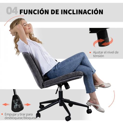 Silla de Oficina con Asiento Ancho sin Reposabrazos Ruedas Altura Ajustable Giratoria Función Basculante Gris [5]