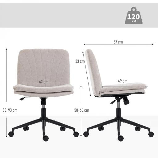 Silla de Oficina con Asiento Ancho sin Reposabrazos Ruedas Altura Ajustable Giratoria Función Basculante Beige [1]