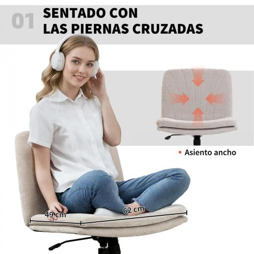 Silla de Oficina con Asiento Ancho sin Reposabrazos Ruedas Altura Ajustable Giratoria Función Basculante Beige [3]