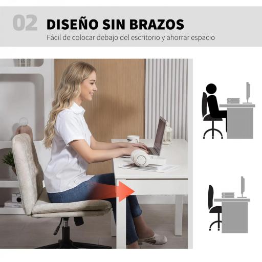 Silla de Oficina con Asiento Ancho sin Reposabrazos Ruedas Altura Ajustable Giratoria Función Basculante Beige [2]