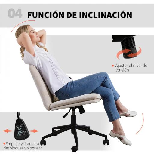 Silla de Oficina con Asiento Ancho sin Reposabrazos Ruedas Altura Ajustable Giratoria Función Basculante Beige [5]
