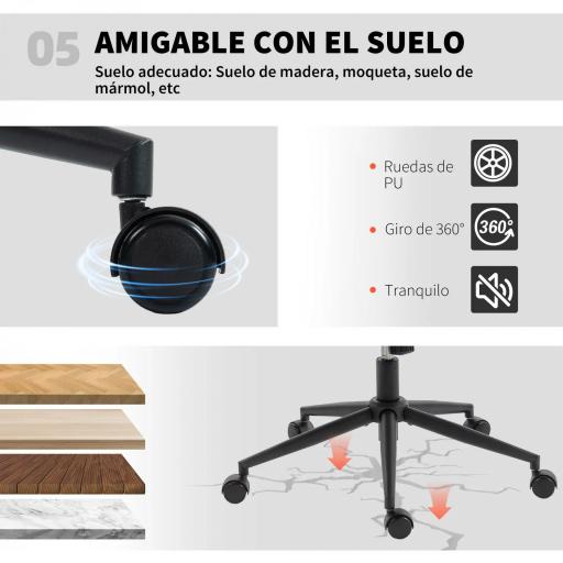 Silla de Oficina con Asiento Ancho sin Reposabrazos Ruedas Altura Ajustable Giratoria Función Basculante Beige [6]