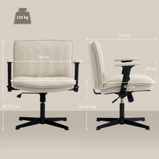 Silla de Oficina Piernas Cruzadas con Reposabrazos Abatible Asiento Ancho sin Ruedas Altura Ajustable Giratoria Crema [1]
