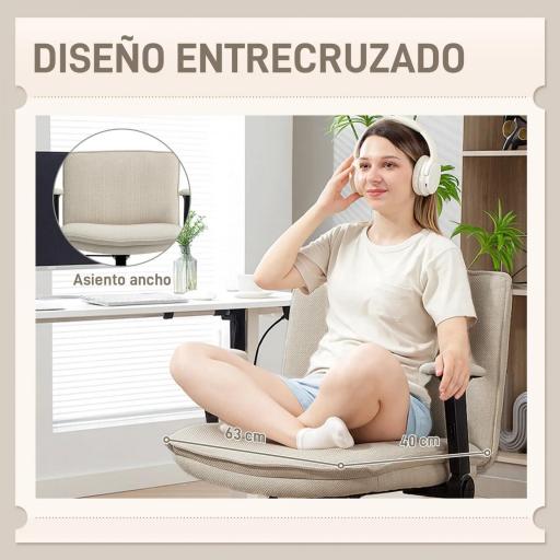 Silla de Oficina Piernas Cruzadas con Reposabrazos Abatible Asiento Ancho sin Ruedas Altura Ajustable Giratoria Crema [2]